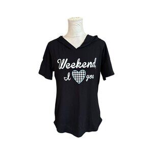 Justice Black Hooded Short Sleeve Graphic T-Shirt "Weekend I Love You" Size 20